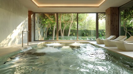 A modern spa or wellness center with a pool, lounge chairs, and large windows overlooking greenery.