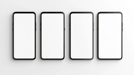 Four identical smartphones arranged in a row on a clean white surface, each with a blank screen. The setting creates a modern and minimalist aesthetic, highlighting the devices
