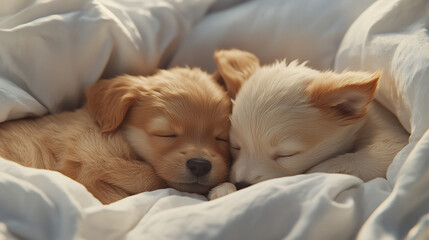 Two puppies sleeping next to each other on a cozy blanket, their bodies cuddled together in an adorable, peaceful moment of puppy love and warmth