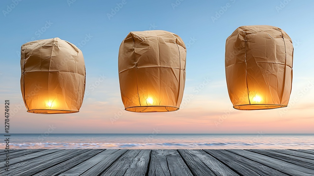 Wall mural three illuminated sky lanterns rise against a serene sunset over the ocean, creating a tranquil and 