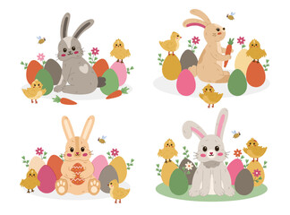 Lovely cartoon Easter illustration set with fluffy bunny in Easter eggs at lawn with baby chick, honeybee. Funny religious springtime concept with different rabbits, chicken for poster, social media.