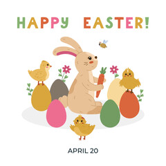Lovely cartoon Happy Easter postcard with bold lettering and cute illustration of bunny holding carrot with fluffy tail in Easter eggs at lawn. Funny holiday poster for religious springtime carnival.