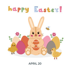 Lovely Happy Easter postcard with cartoon illustration of bunny holding egg in paws at lawn among Easter eggs, cute chicks and hand drawn 3d lettering. Holiday poster for religious spring event.