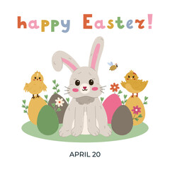 Lovely cartoon Easter postcard illustration with smiling bunny with bent down ear in Easter eggs at lawn, chick, bee and hand drawn lettering. Funny holiday poster for religious springtime carnival.