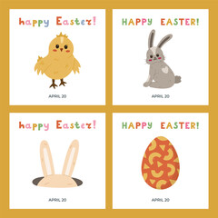 Lovely set with square banners for Happy Easter Day with illustration with cute baby chick, fluffy bunny, hole with hiding rabbit ear, painted Easter egg. Simple poster for religious spring holiday.