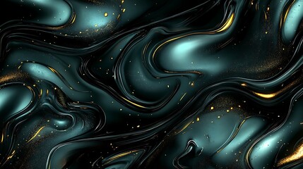 Abstract Dark Teal Gold Swirling Liquid Design