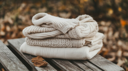 Cozy stacked sweaters on a wooden surface surrounded by autumn leaves
