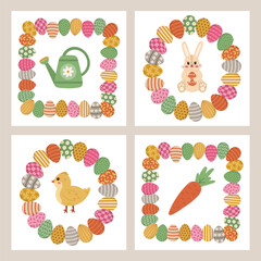 Lovely Easter postcard set with cartoon doodle in round and square frame of painted ornate Easter eggs. Cute baby chicken, furry bunny, carrot, watering can. Square poster collection in bright colors.