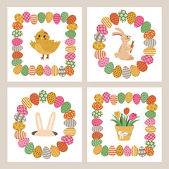Lovely Easter postcard set with cartoon illustration in round and square frame of painted ornate eggs. Waving chick, Easter bunny, rabbit ear in hole, tulip in pot. Colourful poster collection.