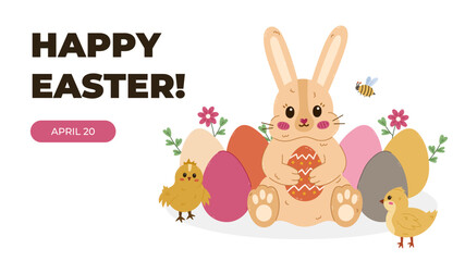 Horizontal minimalistic banner for Happy Easter Day with funny sitting bunny holding Easter eggs at lawn with baby chicken, bee, flowers. Simple poster, background, design for religious holiday.