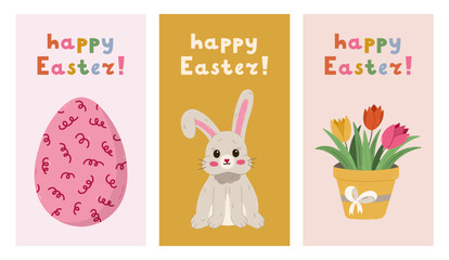 Adorable set of vertical Happy Easter posters with bunny with bent down ear, Easter egg with swirl ornate, tulip. Simple collection of banner, cover, background with colorful clipart and lettering.