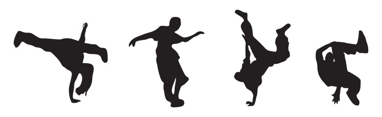 Set of dancing people silhouettes. Break dance, hip-hop street dancer isolated on transparent background