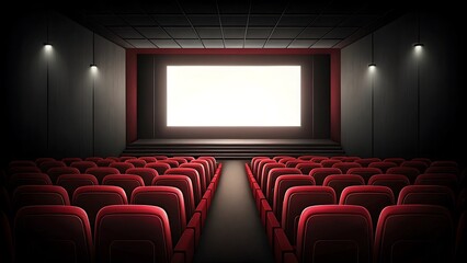 Obraz premium Empty Movie Theater with Red Seats and Large Blank Screen in a Dark Auditorium