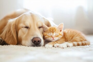 Orange kitten and golden retriever puppy cuddle together. Lovely dog and cat sleep. Perfect concept for pet supply , baby product, indoor advertising.