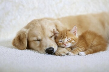 Orange kitten and golden retriever puppy cuddle together. Lovely dog and cat sleep. Perfect concept for pet supply , baby product, indoor advertising.