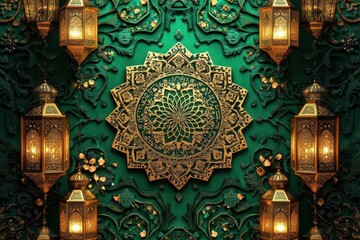 intricate islamic geometric patterns in gold and emerald, adorned with delicate floral arabesques, illuminated by warm lantern light for festive celebration