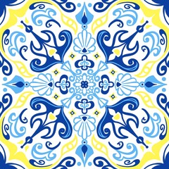 Mediterranean ceramic blue and yellow design. fashion classic Portuguese azulejo endless tile, repeated floral pattern