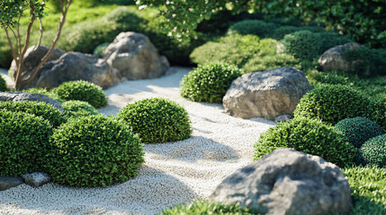 A green garden with round bushes and large rocks.