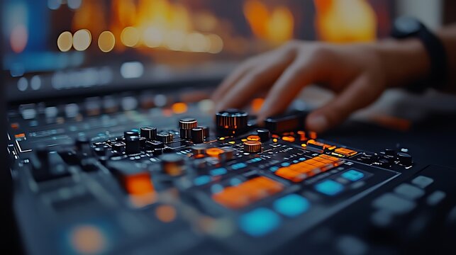 Closeup of a hand adjusting knobs on a sound mixing console with illuminated buttons