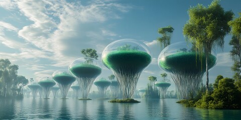futuristic cityscape with a series of domed structures floating above a body of water under a cloudy sky