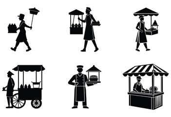 Silhouettes of fast food seller bundle on white background