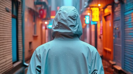 Naklejka premium A mysterious figure wearing a hooded jacket, standing alone in a dimly lit alley as raindrops glisten under the neon lights.