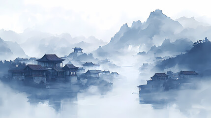 Ancient style ink landscape illustration