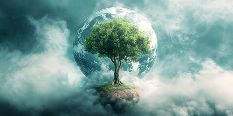 a tree growing on a small island in front of the earth. The tree symbolizes the connection between nature and the planet