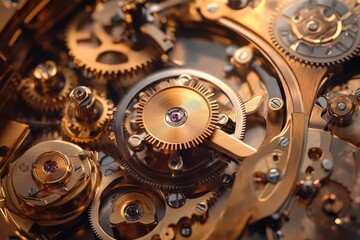 intricate steampunk clockwork mechanism in warm brass and copper tones, featuring detailed gears, cogs, and mechanical elements in motion, with subtle lighting effects