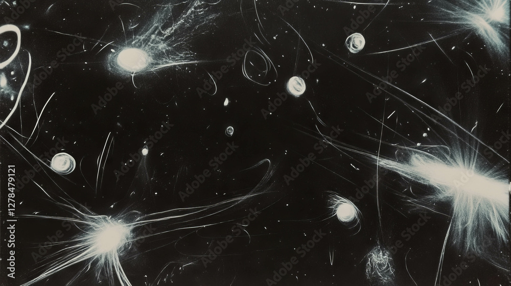 Poster abstract black and white chalkboard universe concept with erased chalk patterns