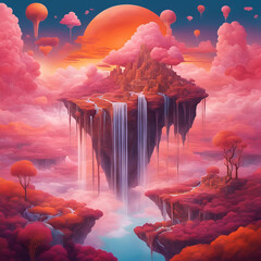 "Surreal dreamscape with floating islands, waterfalls cascading into the sky, vibrant colors"