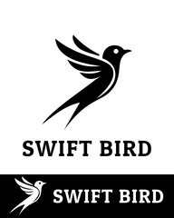 A black and white vector illustration of a swift bird logo, featuring a sleek and modern flying bird design with sharp wings and a streamlined body