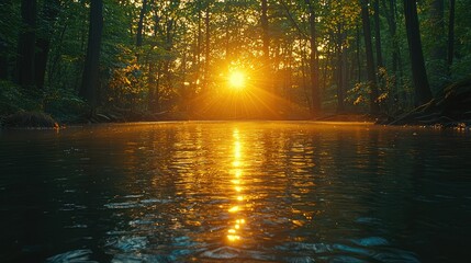 Obraz premium Golden Sunset Glows Over Forest River