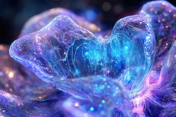 iridescent crystal neural network, resembling a bioluminescent deep-sea creature, pulsing with electric blue and purple energy through translucent pathways