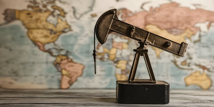 a miniature oil pump jack in front of a vintage world map, symbolizing the global oil industry - Powered by Adobe