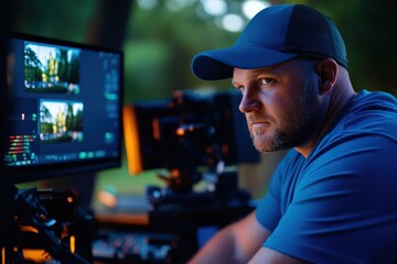 Filmmaker editing footage outdoors at dusk