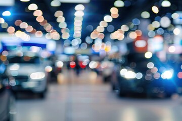 Blurred defocused background of public event exhibition hall showing cars and automobiles commercial vehicle motor show
