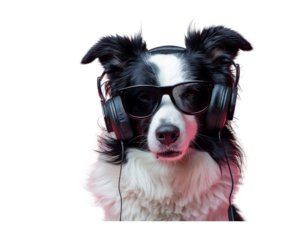 A border collie dog wearing headphone and sunglasses in pastel background, blank space for text massage