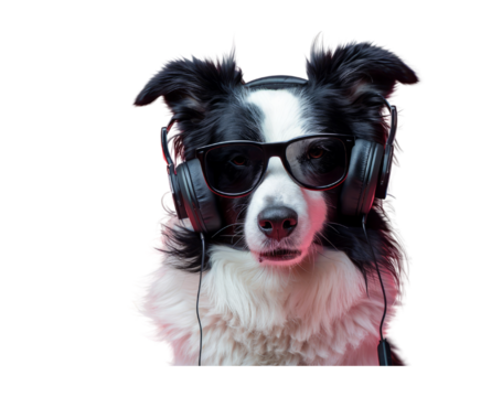 A border collie dog wearing headphone and sunglasses in pastel background, blank space for text massage