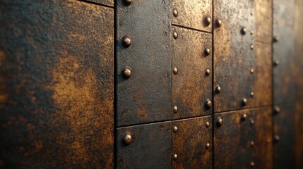 Fototapeta premium Rustic metal panels, wall texture, rivets, sunlight, industrial design