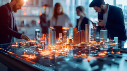 Business professionals planning a digital smart city model with futuristic technology