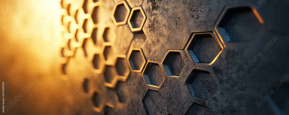 Poster hexagonal mesh texture on textured wall with warm lighting for architectural design