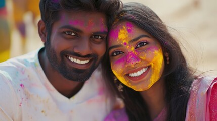 Fototapeta premium Happy Indian Couple Celebrating Holi Festival with Color Powder (Gulal) Photo.Fictional Character Created By Generative AI