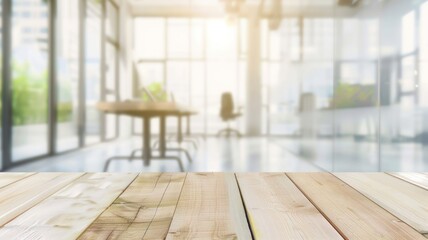 Fototapeta premium Wood table top and blurred bokeh office interior space background lobby.