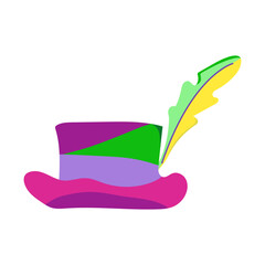 Vector colorful Mardi Gras hat with feather image. Colored party clothing element logo.