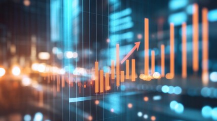 Abstract financial growth visualization with glowing bars and upward trend in a cityscape background