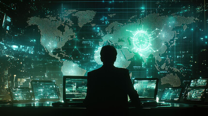 A futuristic business environment where a corporate executive monitors a worldwide system update on a high-tech laptop with a glowing network overlay 