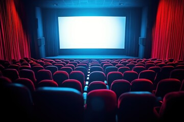 Obraz premium Empty Movie Theater with Red Seats and Bright Projection Screen