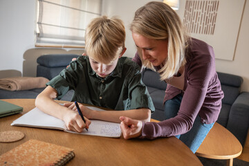 A mother, helping her son with his homework. They are using a laptop to search for information and solve tasks together.	
