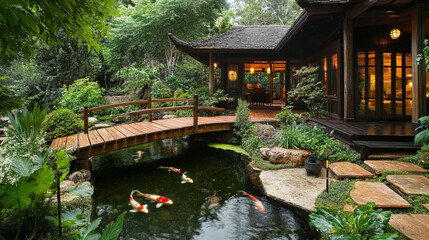 A small wooden bridge over the koi pond.